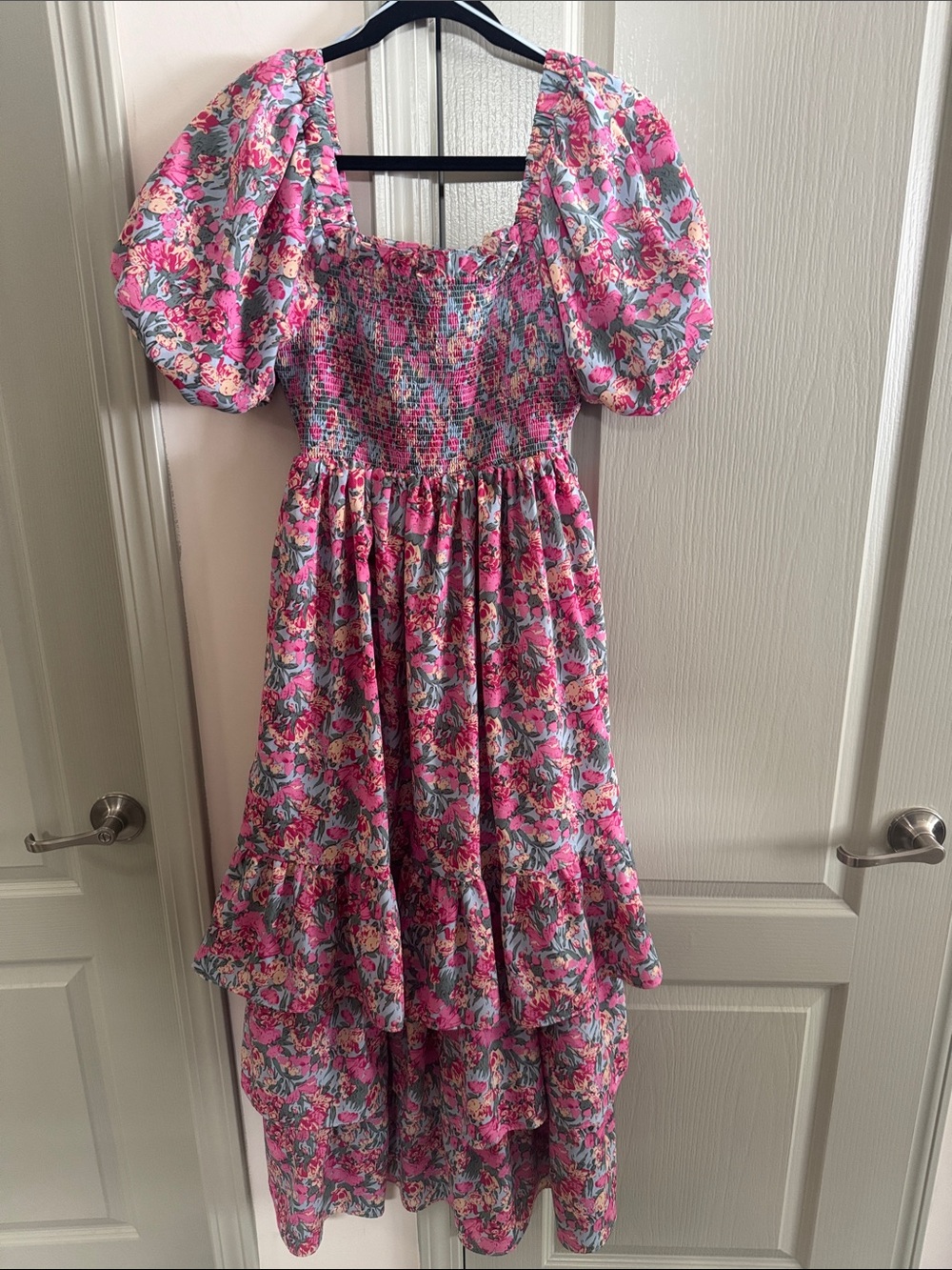 English Factory Pink Floral Puff-Sleeve Tiered Sundress size XS
